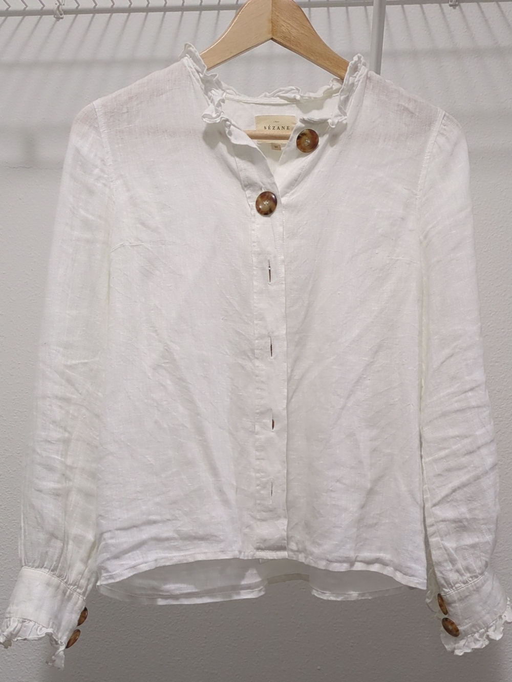 Sezane White Linen Ruffle-Neck Button Down Shirt